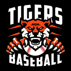 Tigers Baseball team design with head mascot Tiger holding ball. Great for team or school mascot or t-shirts and others.