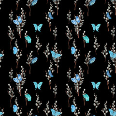 Pattern with bright cute butterflies and willow, in watercolor style! - 417795933