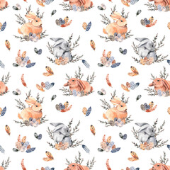 Watercolor pattern with cute Easter bunnies. Happy Easter. - 417795949