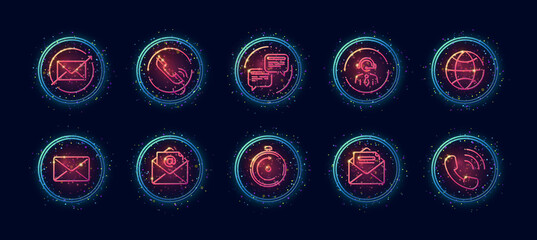 Fototapeta na wymiar 10 in 1 vector icons set related to qna, support theme. Lineart vector icons in geometric neon glow style with particles isolated on background.
