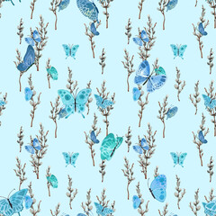Pattern with bright cute butterflies and willow, in watercolor style! - 417796105