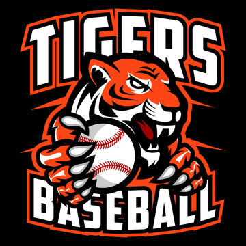 Tigers Baseball team design with head mascot Tiger holding ball. Great for team or school mascot or t-shirts and others.