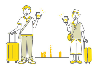 旅行を楽しむ若い女性と男性のシンプルでおしゃれな線画イラスト Wall Mural Fumipokkur 旅行を楽しむ若い女性と男性のシンプルでおしゃれな線画イラスト Wall Mural Fumipokkur