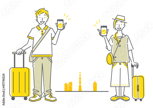 スマホで便利に旅行する若い女性と男性のシンプルでおしゃれな線画イラスト Wall Mural Fumika Shibata