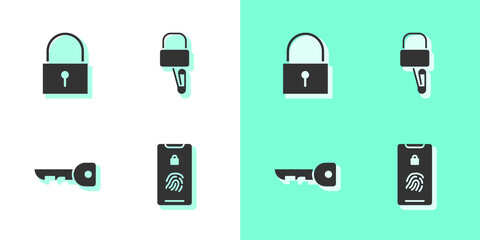 Set Mobile with fingerprint scan, Lock, Key and picks for lock picking icon. Vector.