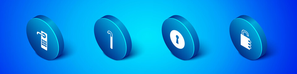 Set Isometric Digital door lock, Keyhole, Safe combination and Crowbar icon. Vector.