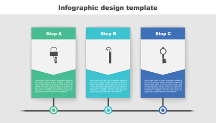 Set Lock picks for lock picking, Crowbar and Old key. Business infographic template. Vector.