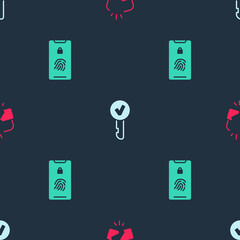 Set Broken or cracked lock, Key and Mobile with fingerprint scan on seamless pattern. Vector.