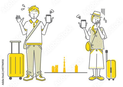 旅行先でスマホが使えずに困る若い女性と男性のシンプルでおしゃれな線画イラスト Wall Mural Atelier Fmika 旅行先でスマホが使えずに困る若い女性と男性のシンプルでおしゃれな線画イラスト Wall Mural Atelier Fmika