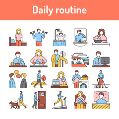 Everyday routine line icons set. Isolated vector element.