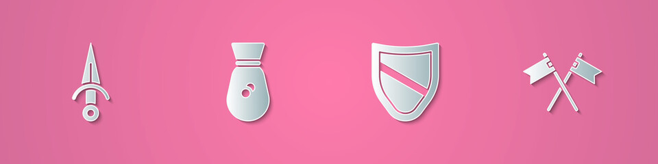 Set paper cut Dagger, Old money bag, Shield and Crossed medieval flag icon. Paper art style. Vector.