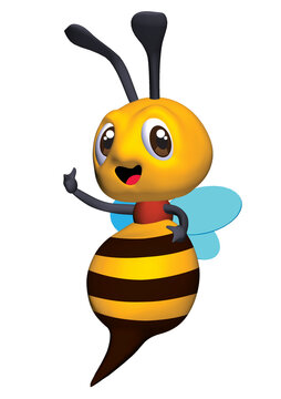 3d rendered Cartoon Cute Bee character smiling and show victory hand sign. 3D bee mascot.
