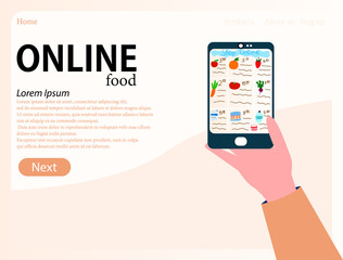 Grocery delivery at home and smartphone app. Online store, sale via the Internet, ordering products from a mobile phone. Hand holds a phone landing page