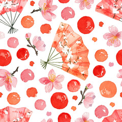 Seamless pattern with Japanese theme in watercolor style. Watercolor sakura. Japanese elements. - 417797382
