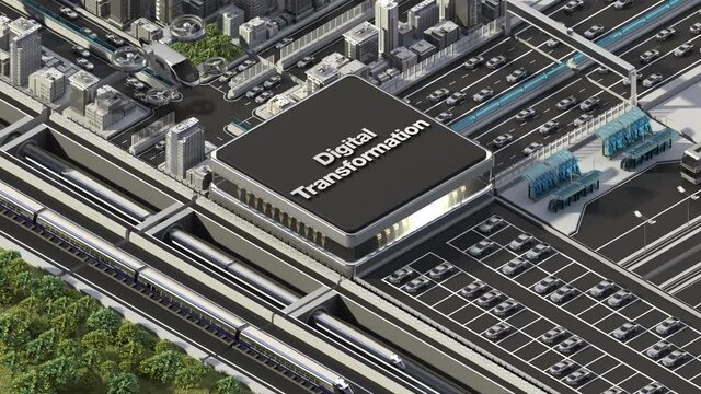 Traffic in a city controlled by 'Digital Transformation', Smart city concept with an AI cpu chip in the center. 4k animation.