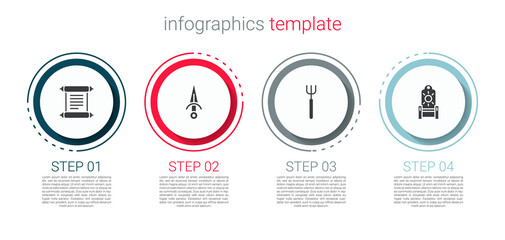 Set Decree, parchment, scroll, Dagger, Garden pitchfork and Medieval throne. Business infographic template. Vector.