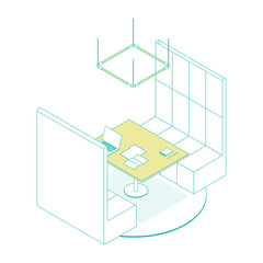 Modern isometric office booth on white. Vector illustration in flat design, isolated. Outlined, linear style.