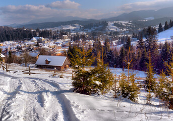 Obraz premium Typical landscape of the Ukrainian Carpathians with private estates in winter