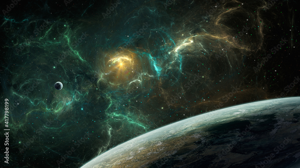 Poster space background. colorful fractal nebula with two planet. elements furnished by nasa. 3d rendering