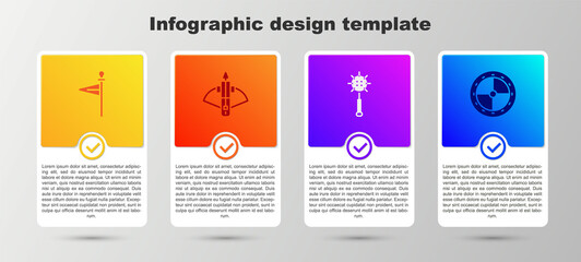 Set Medieval flag, Battle crossbow with arrow, chained mace ball and Round wooden shield. Business infographic template. Vector.