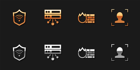 Set Shield with WiFi wireless, Server, Data, Web Hosting, Firewall, security wall and Face recognition icon. Vector.