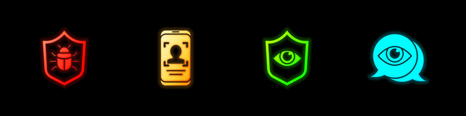 Set System bug, Mobile and face recognition, Shield eye and Eye scan icon. Vector.