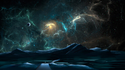 Space background. Astronaut walking on road in mountain landscape with colorful fractal nebula and planet. Digital painting