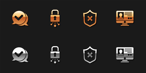 Set Check mark in speech bubble, Cyber security, Shield with cross and Create account screen icon. Vector.