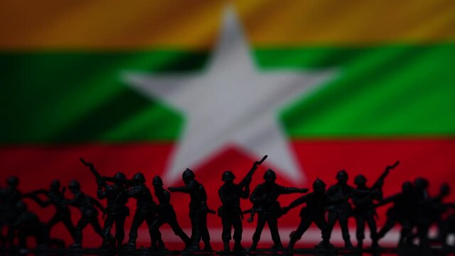 Myanmar Flag Waving Background And Soldiers Silhouettes, Military Coup Illustration