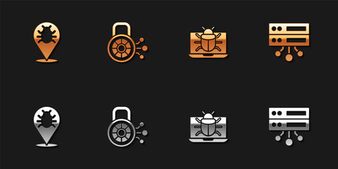 Set System bug, Cyber security, on monitor and Server, Data, Web Hosting icon. Vector.