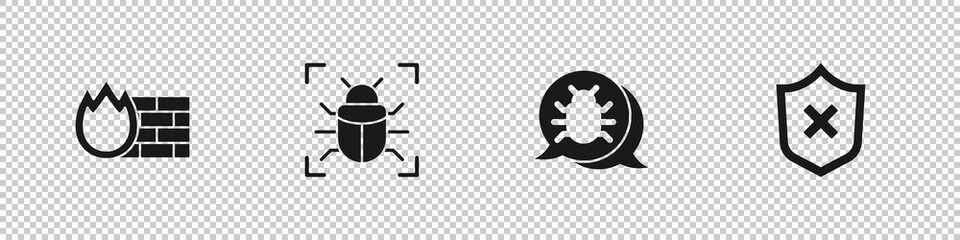 Set Firewall, security wall, System bug, and Shield with cross mark icon. Vector.