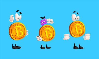 Set of Bitcoin Characters, Cryptocurrency with Various Emotions Cartoon Vector Illustration