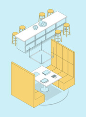Isometric office interior - desks, conference table, furnitures and appliances. Vector illustration in flat design, isolated. Outlined, linear style.