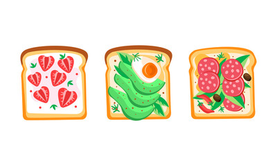 Set of Toast Bread with Different Healthy Toppings, Sandwich with Egg, Avocado, Sausage, Top View Flat Vector Illustration