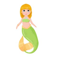 Cute cartoon mermaid. Little Mermaid with Red Hair and Green Tail. A magical creature. Vector illustration isolated on white background.