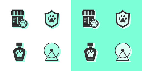 Set Hamster wheel, Dog medicine bottle, Pet shampoo and Animal health insurance icon. Vector.