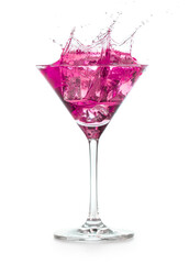 pink cocktail splashes out of a martini glass isolated on white background