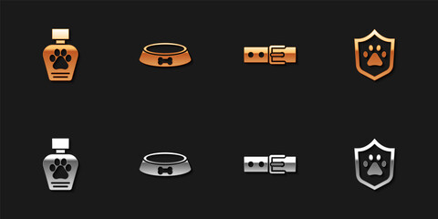 Set Pet shampoo, food bowl, Collar with name tag and Animal health insurance icon. Vector.