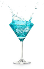 light blue liquid splashes out of a martini glass isolated on white background
