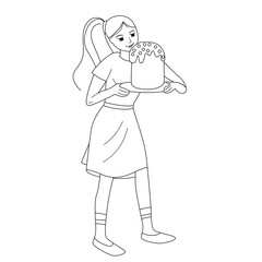 Young woman standing with festive spring Easter cake. Black and white illustration. Can be used for coloring book.