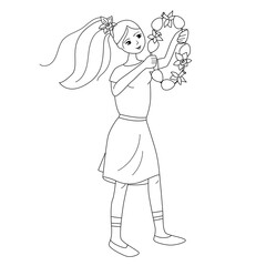 Young woman standing with festive spring festive wreath. Black and white illustration. Can be used for coloring book.