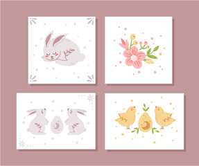 Easter nursery posters bundle, boho Easter kids pre-made cards or printable wall art template with cute rabbit or banny, baby animals and flowers for printing, room decorating, vector illustration