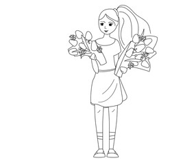 Young woman standing with festive spring tulips. Black and white illustration. Can be used for coloring book.
