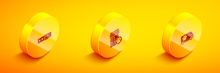 Set Isometric Collar with name tag, Dog medicine bottle and Veterinary ambulance icon. Vector.