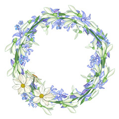 Obraz premium Floral wreath with romantic snowdrops and blue primroses. Illustration can be used for romantic and bridal templates.