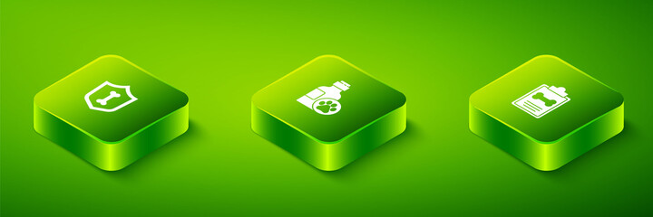 Obraz premium Set Isometric Pet shampoo, Clinical record pet and Animal health insurance icon. Vector.
