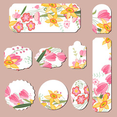Set with different floral cards with tulips and daffodils. Illustration can be used for festive and romantic design templates.