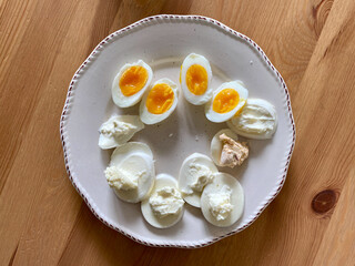 Breakfast Plate with Mozzarella Cheese on Wooden Table.