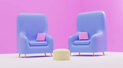 3d background rendering , living room interior with two blue chairs and a table, for web pages, presentations or image backgrounds