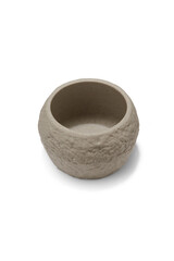 Subject shot of beige ceramic bowl with grained surface. Simple tubby teabowl is isolated on white surface.